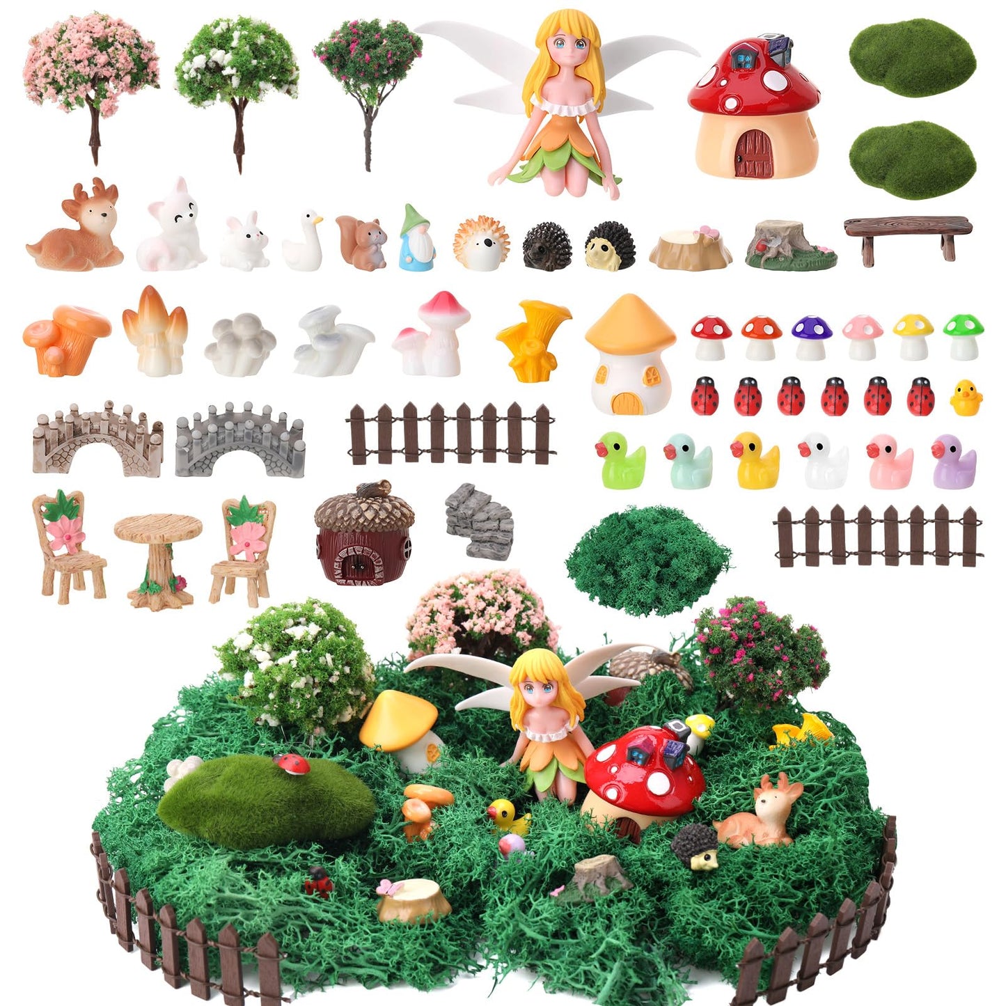 GGSTDDUP 54 Pcs Fairy Garden Accessories, Mini Resin Animals Figures, Miniature Table and Chairs, Bridge, Fence, Fairy House Kit with 50g Artificial Moss for DIY Craft Landscape Bonsai Glass Container