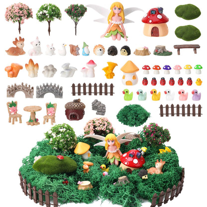 GGSTDDUP 54 Pcs Fairy Garden Accessories, Mini Resin Animals Figures, Miniature Table and Chairs, Bridge, Fence, Fairy House Kit with 50g Artificial Moss for DIY Craft Landscape Bonsai Glass Container