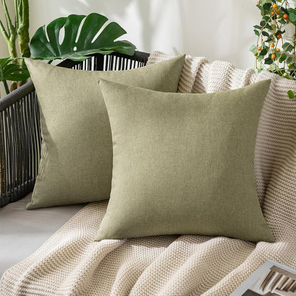 MIULEE Decorative Outdoor Throw Pillow Covers - Waterproof Faux Linen Cushion Cases | 18x18 Inch Light Olive Green (Pack of 2)