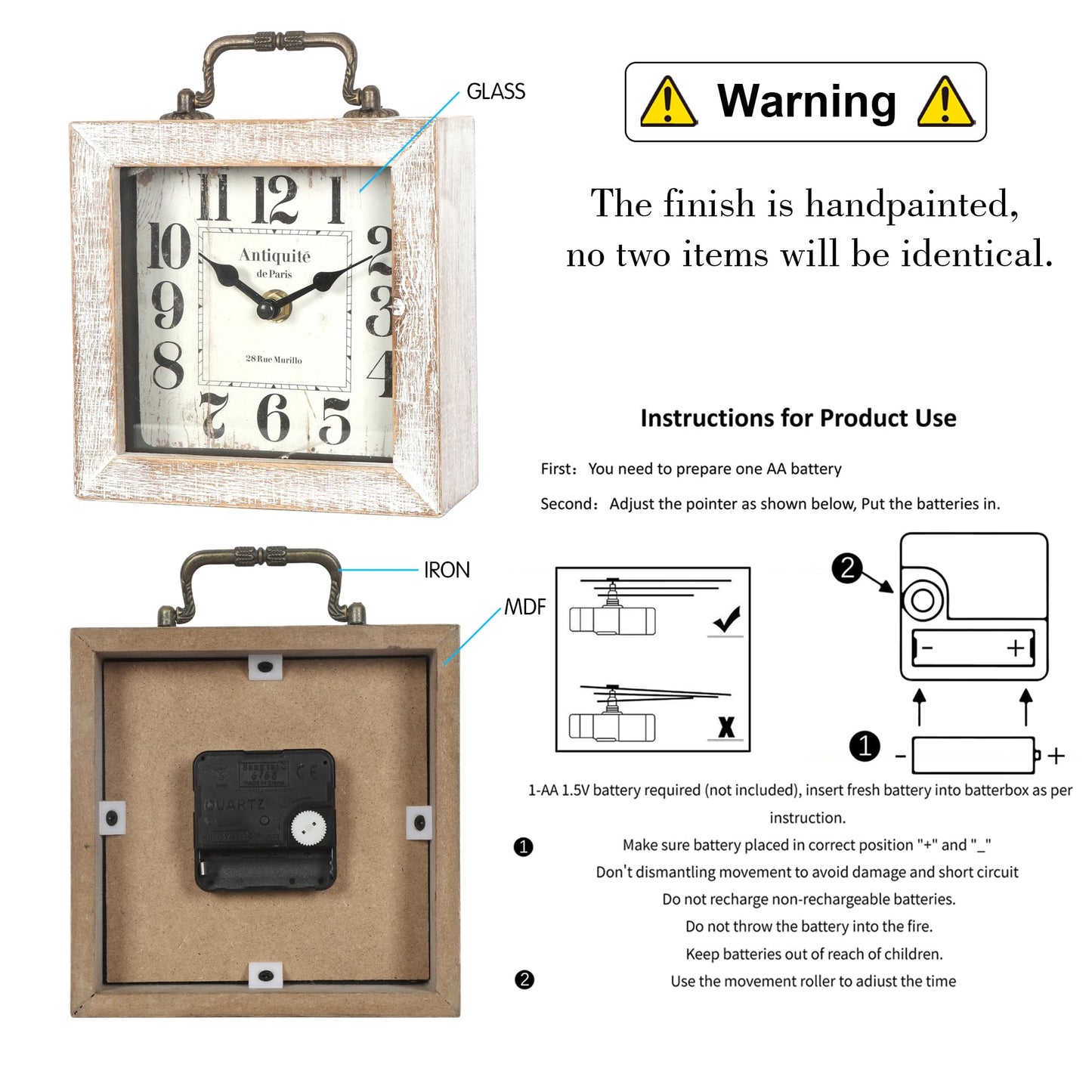 BITALYE Retro Desk Clock, White Vintage Wooden Table Clock,