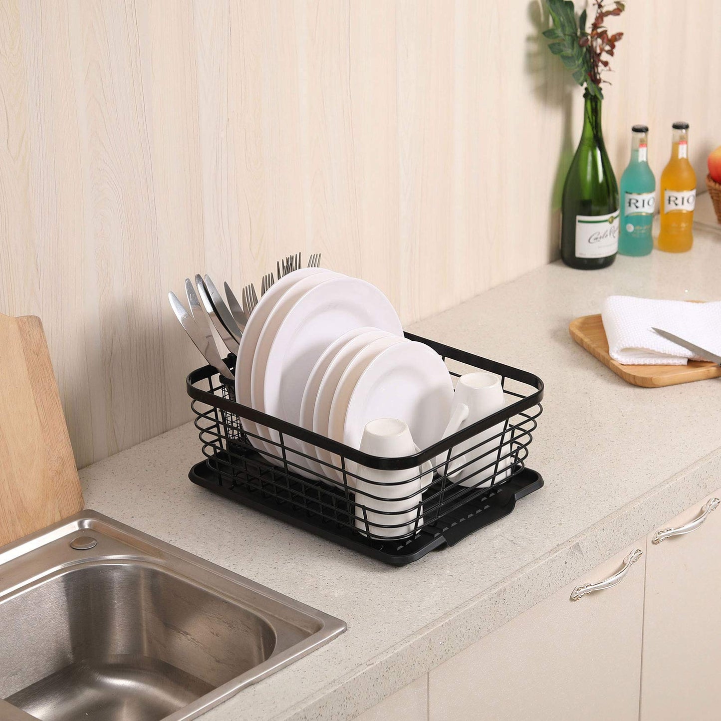 (Black) - ESYLIFE Kitchen Dish Drainer Drying Rack with Drip Tray and Full-Mesh Silverware Storage Basket, Black