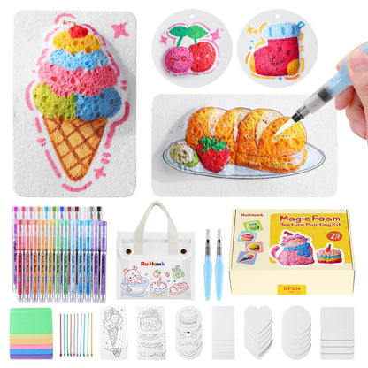 RuiHawk 3D Magic Foam Texture Painting Kit, 75 Pcs Puff Paint Art Supplies with 24 Auto-Flow Markers, 38 Texture Sheets & 10 Bead Necklace, Non-Toxic Creative Puffy Paint Gift for Boys Girls Ages 4-12
