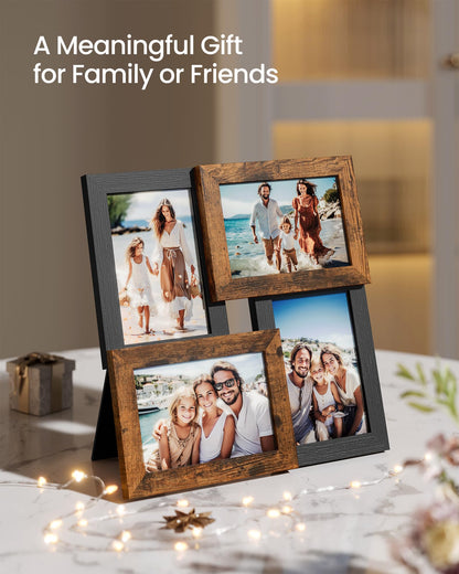 SONGMICS Collage Picture Frames, 4x6 for Wall Decor, Multi Family Photo for Gallery Decor, Hanging Display, Set of 4, Ink Black and Rustic Brown URPF025K01