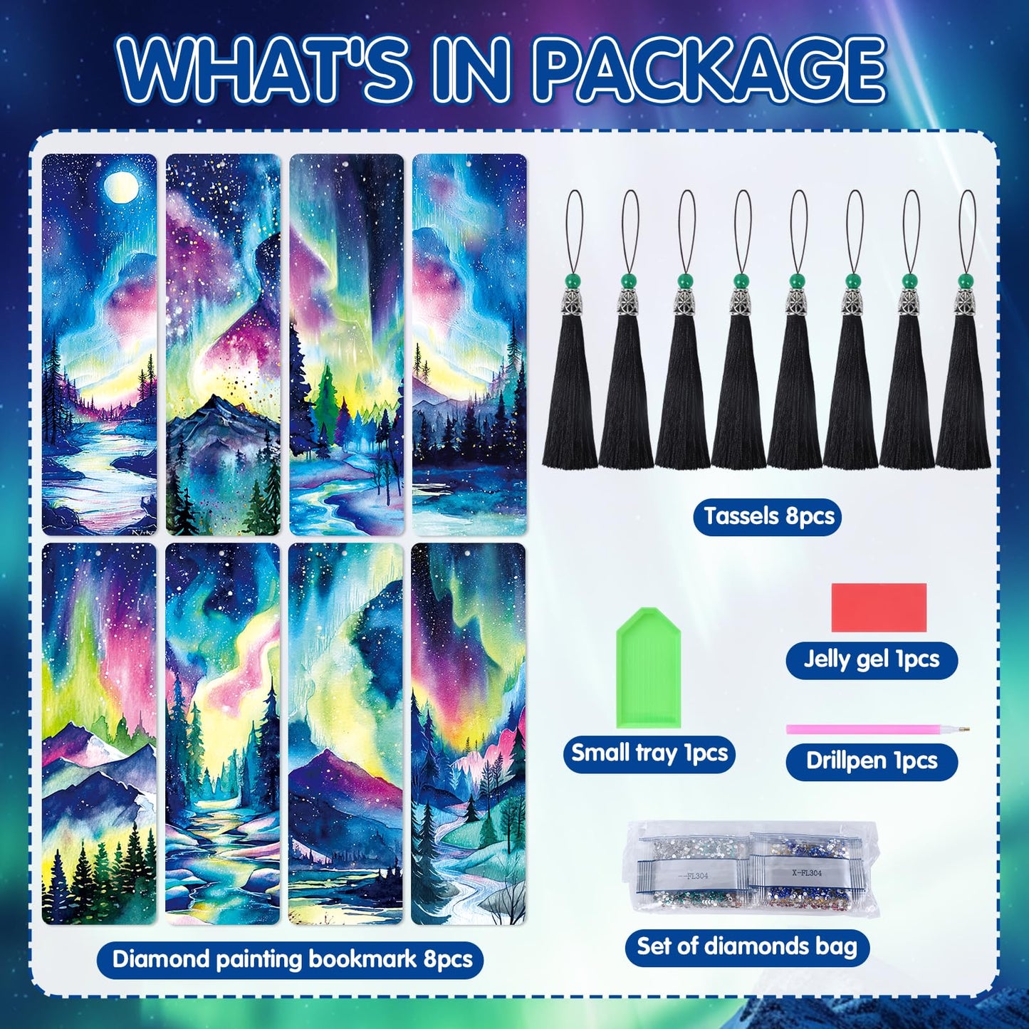Sitsink Aurora Diamond Art Bookmarks - 8 Pcs Diamond Painting Bookmarks Northern Polar Lights Theme Gem Art Rhinestone Craft Kit for Adult Women Christmas Gift