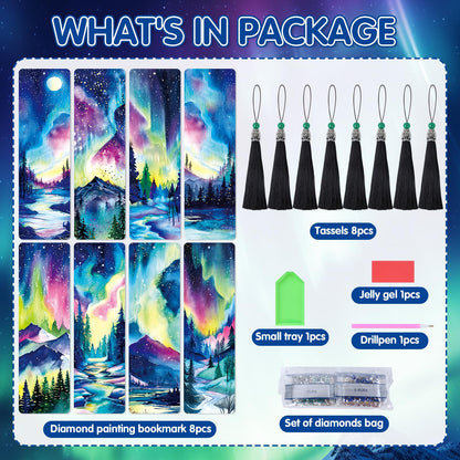Sitsink Aurora Diamond Art Bookmarks - 8 Pcs Diamond Painting Bookmarks Northern Polar Lights Theme Gem Art Rhinestone Craft Kit for Adult Women Christmas Gift