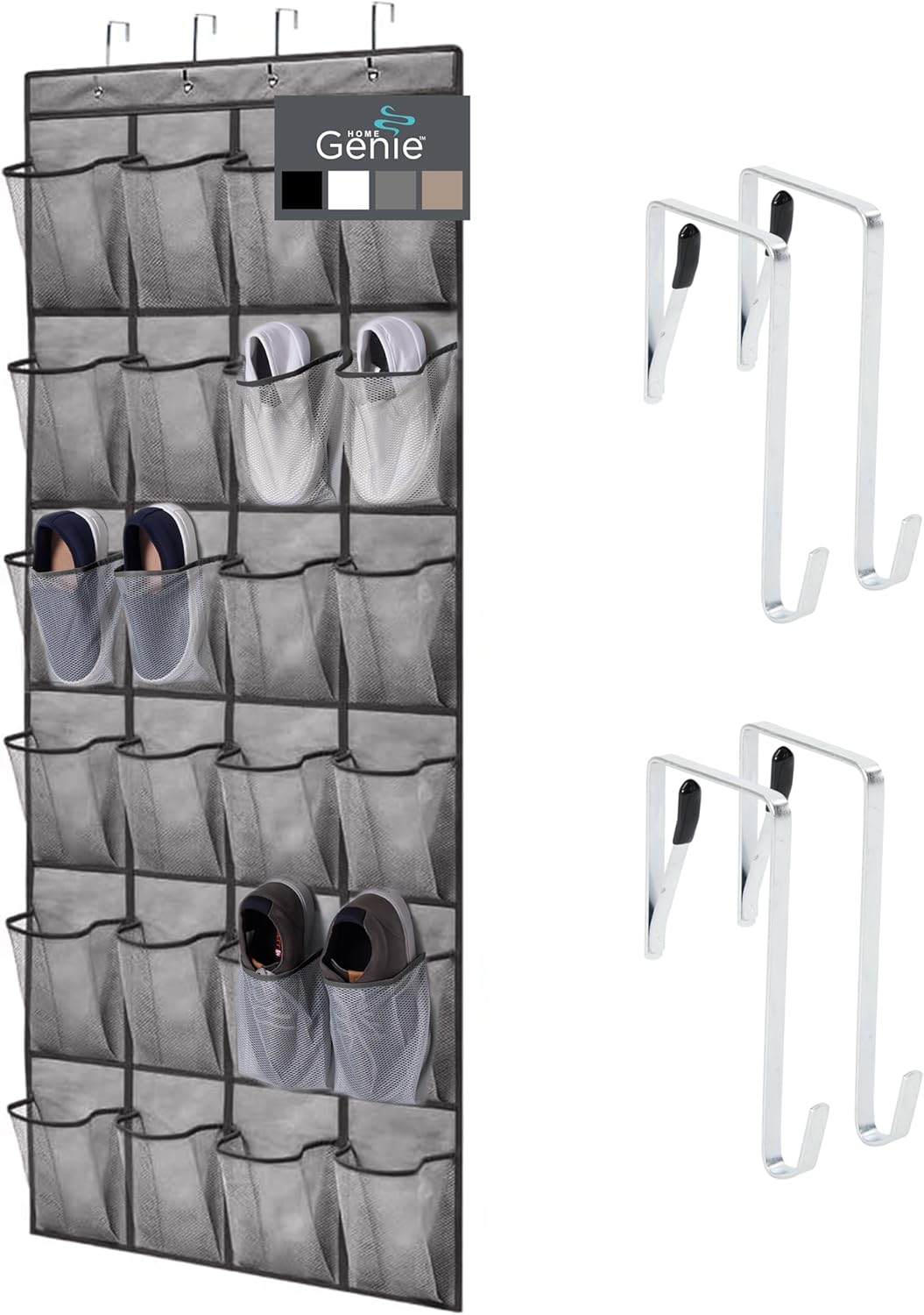 HOME GENIE 24 Pocket Strong Over Door Shoe Organizer, Holds Up to 40 Pounds, Large Breathable Mesh Pocket (Gray)