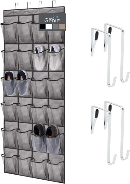 HOME GENIE 24 Pocket Strong Over Door Shoe Organizer, Holds Up to 40 Pounds, Large Breathable Mesh Pocket (Gray)