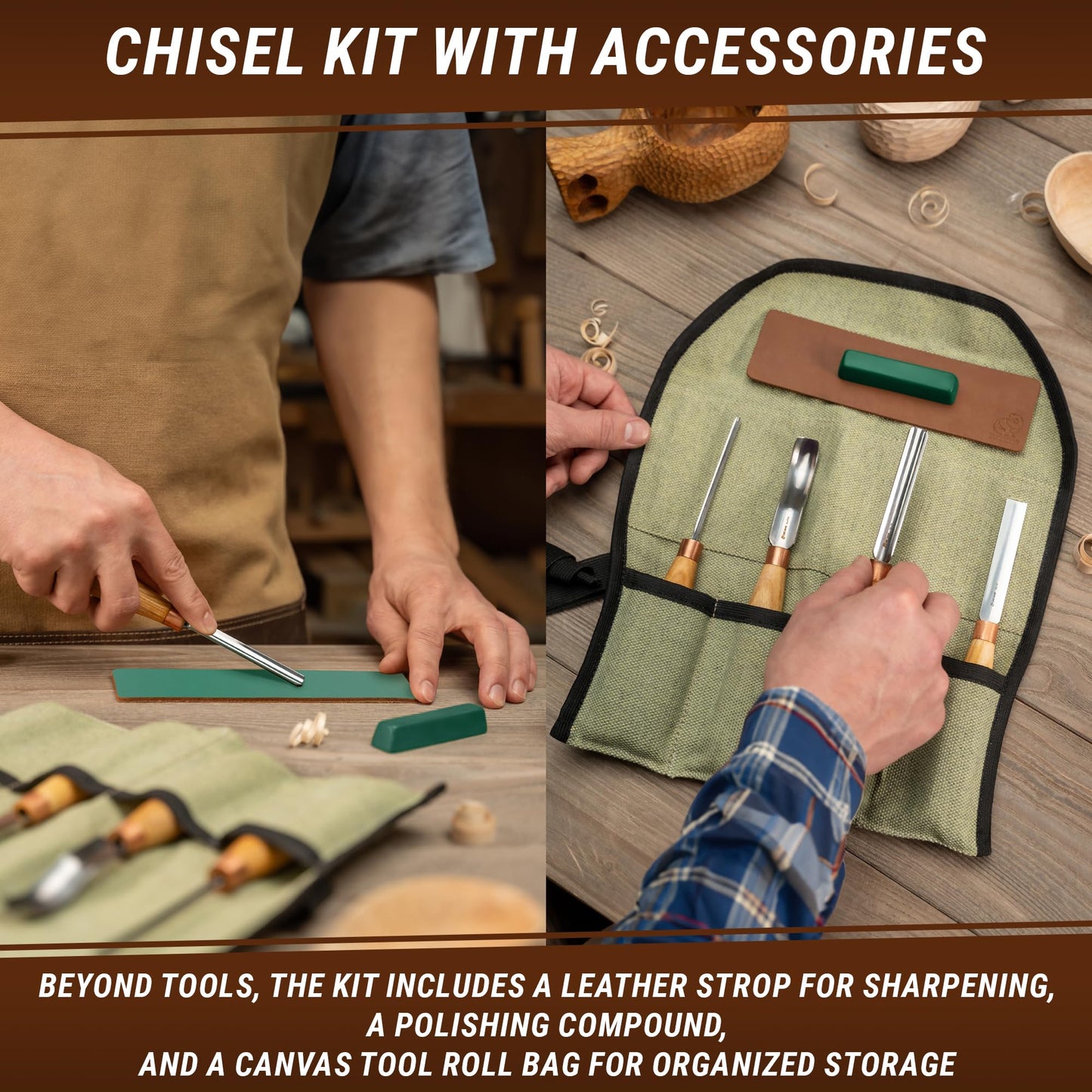 BeaverCraft Wood Carving Gouges Chisels Kit SC01 - Wood Spoon Carving Chisel Set - Whittling Tools Includes Radial Gouges, Flat Chisel, Bent Gouge, Leather Strop & Rolling Pouch
