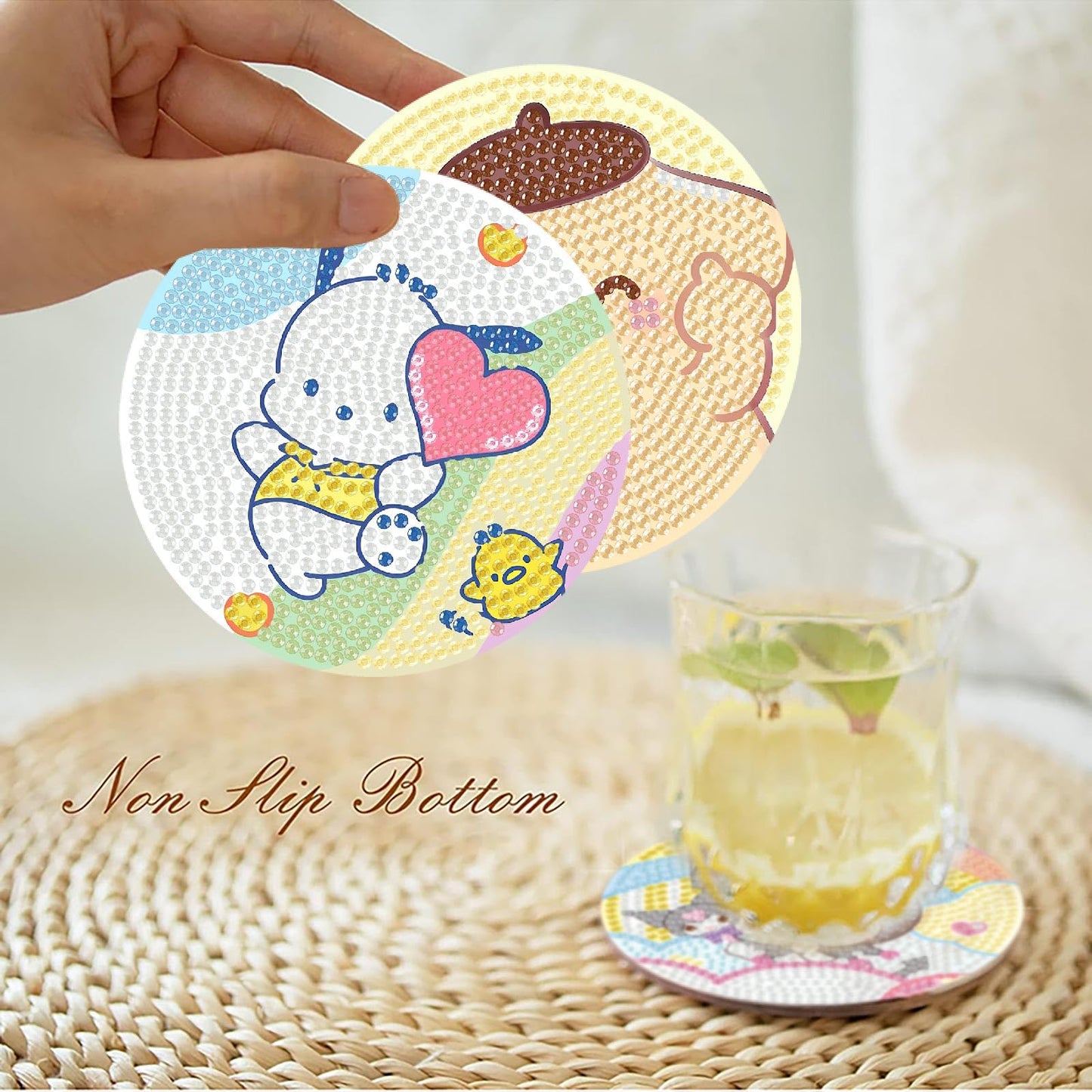 8Pcs Diamond Art Painting Coasters with Holder,DIY Cartoon Life Coaster Diamond Art Kits for Adults Kids,Beginners Round Full Drill Diamonds Art Craft Supplies