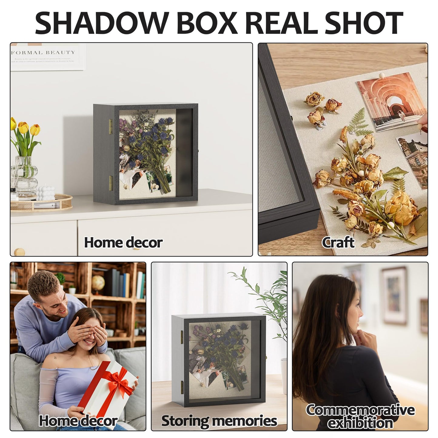 11x11 Shadow Box Frame with Acrylic Glass, Deep Large Shadow Boxes Display Cases for Tabletop and Wall Display, Memory Box for Keepsakes, Shadow Box for Flowers, Black with Linen Back