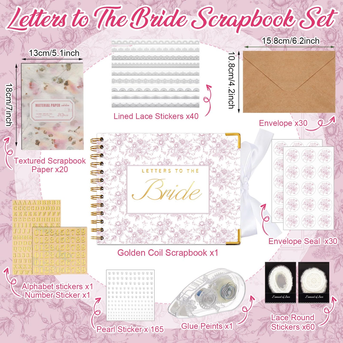 Humyoun Wedding Guest Book Letters to The Bride Scrapbook Wedding Memory Book Bridal DIY Blank Paper Scrapbook Photo Album Guest Sign with Pearl Stickers(8.5 x 7 Inch,Floral,Pink)