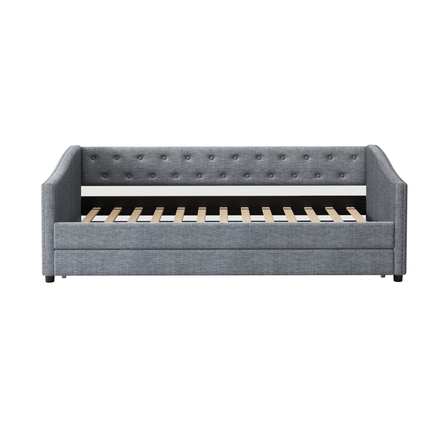 FAVSH Upholstered Daybed with Trundle, Twin Size Day Bed w/Button-Tufted Back and Piping on Waved-Shape Arms for Bedroom or Guest Room, No Box Spring Required, Light Gray