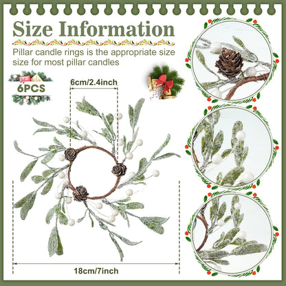 Skiennix Christmas Pillar Candle Rings - Frosted Mistletoe Wreaths with Pearl Accents | Set of 6 for Holiday Decor