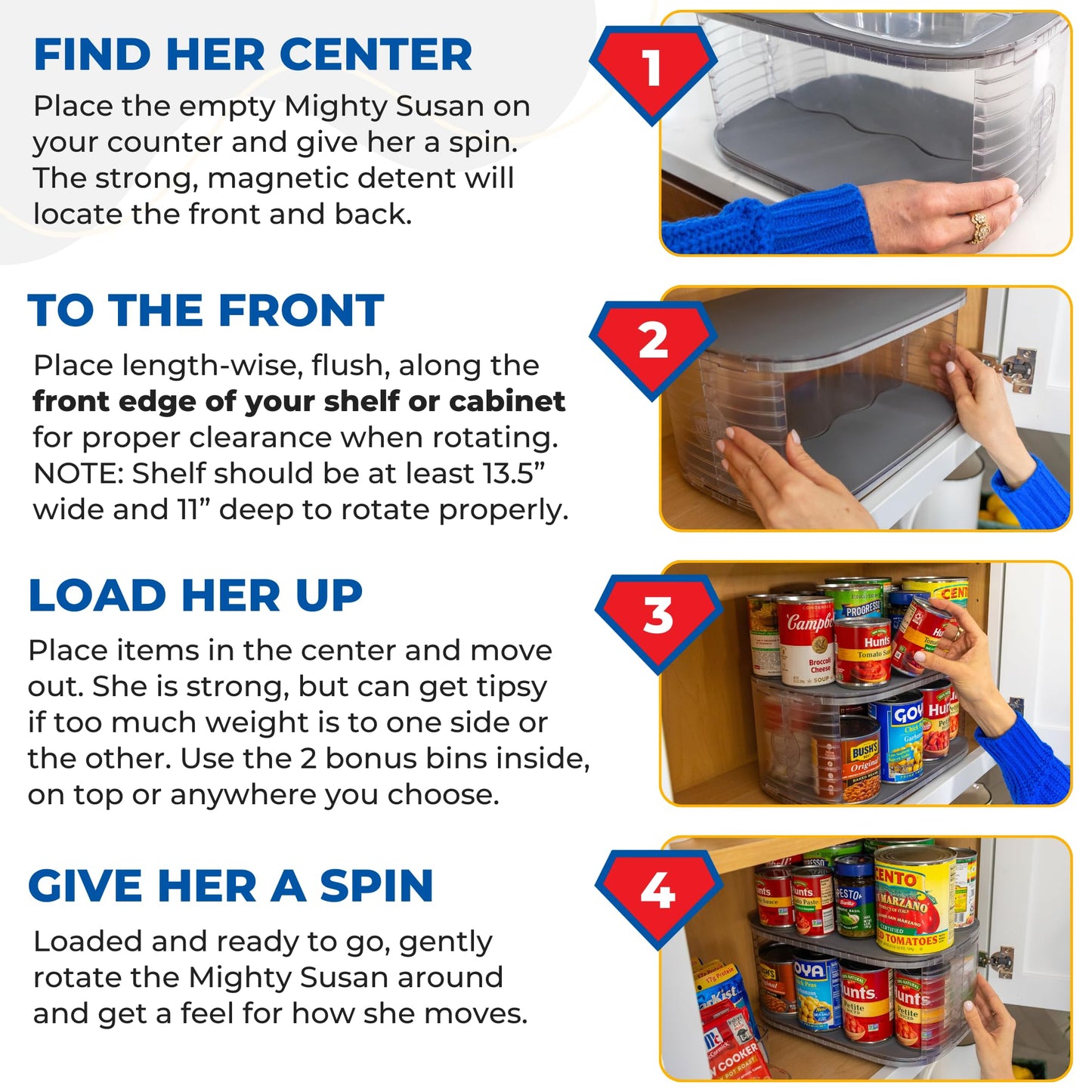 Mighty Susan 2-Tier Lazy Susan Pantry Organizer – Steel Reinforced Turntable for Kitchen Cabinets & Pantry Storage – Heavy-Duty Can Organizer Holds Up to 30 lbs – Rotates 360° – Includes 2 Bonus Bins