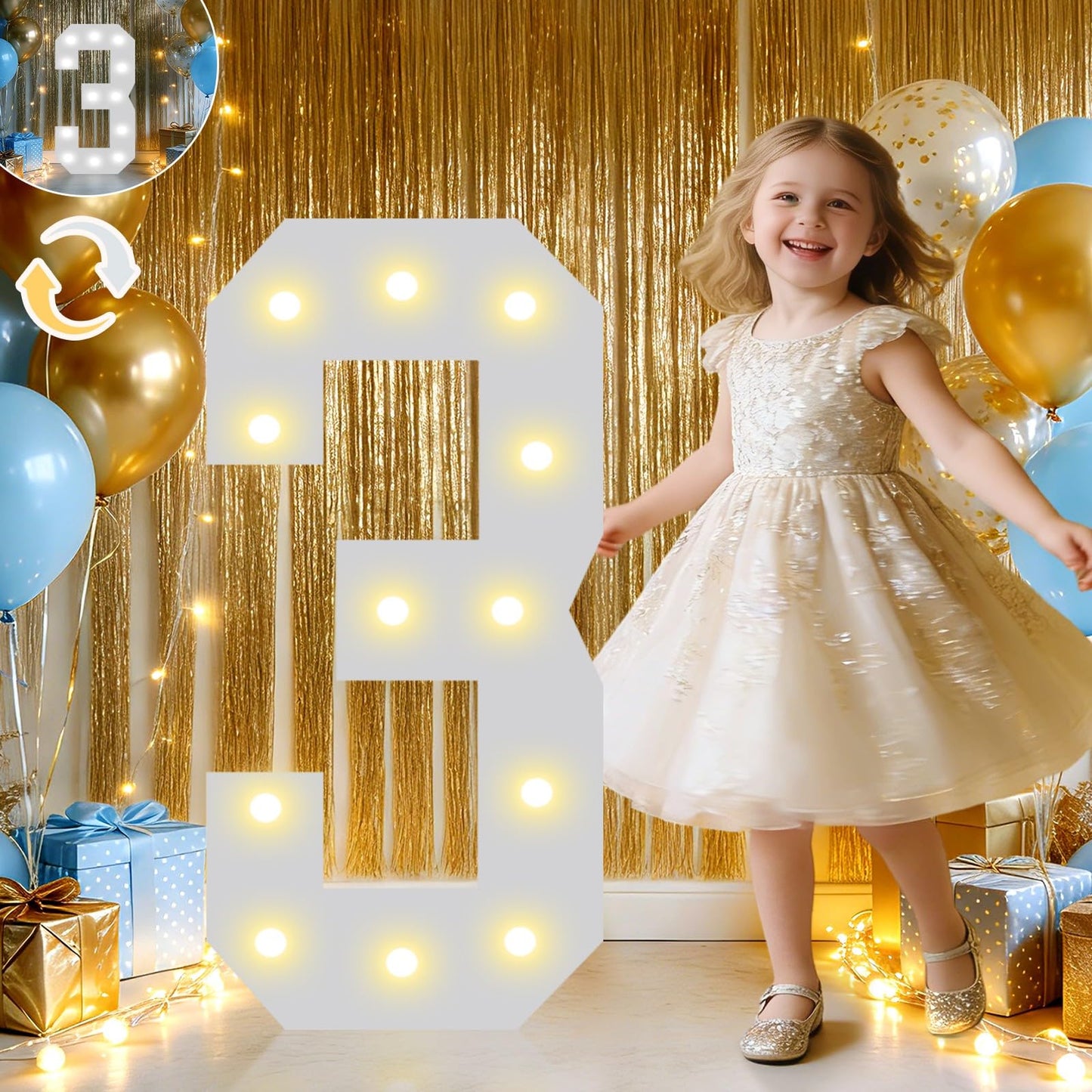 Pooqla 2.4FT Light Up Numbers, Marquee Numbers 2.4 Feet Tall Party Decor for Her Him, Mosaic Big Sign for 3rd 13th 30th Birthday Anniversary Decoration Backdrop, Cool White and Warm White Number 3