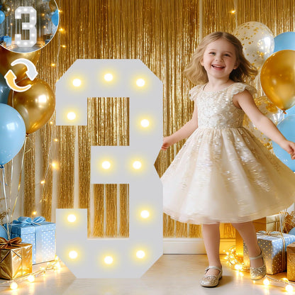 Pooqla 2.4FT Light Up Numbers, Marquee Numbers 2.4 Feet Tall Party Decor for Her Him, Mosaic Big Sign for 3rd 13th 30th Birthday Anniversary Decoration Backdrop, Cool White and Warm White Number 3