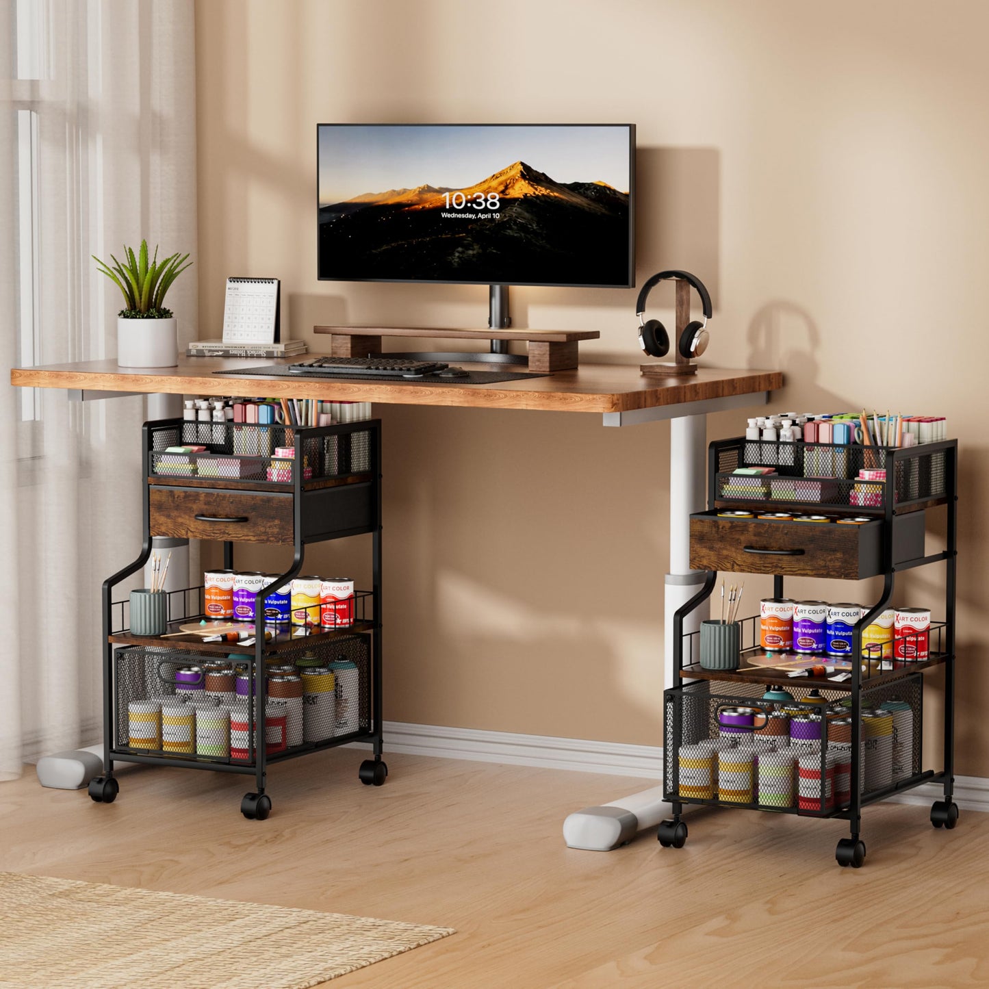 SWTYMIKI Under Desk Storage Cart- Art Storage Cart with Drawers & DIY Divider - Office Cart Organizer Under Desk Shelf, Craft Rolling Cart for Office, Craft Room & Studio Espresso