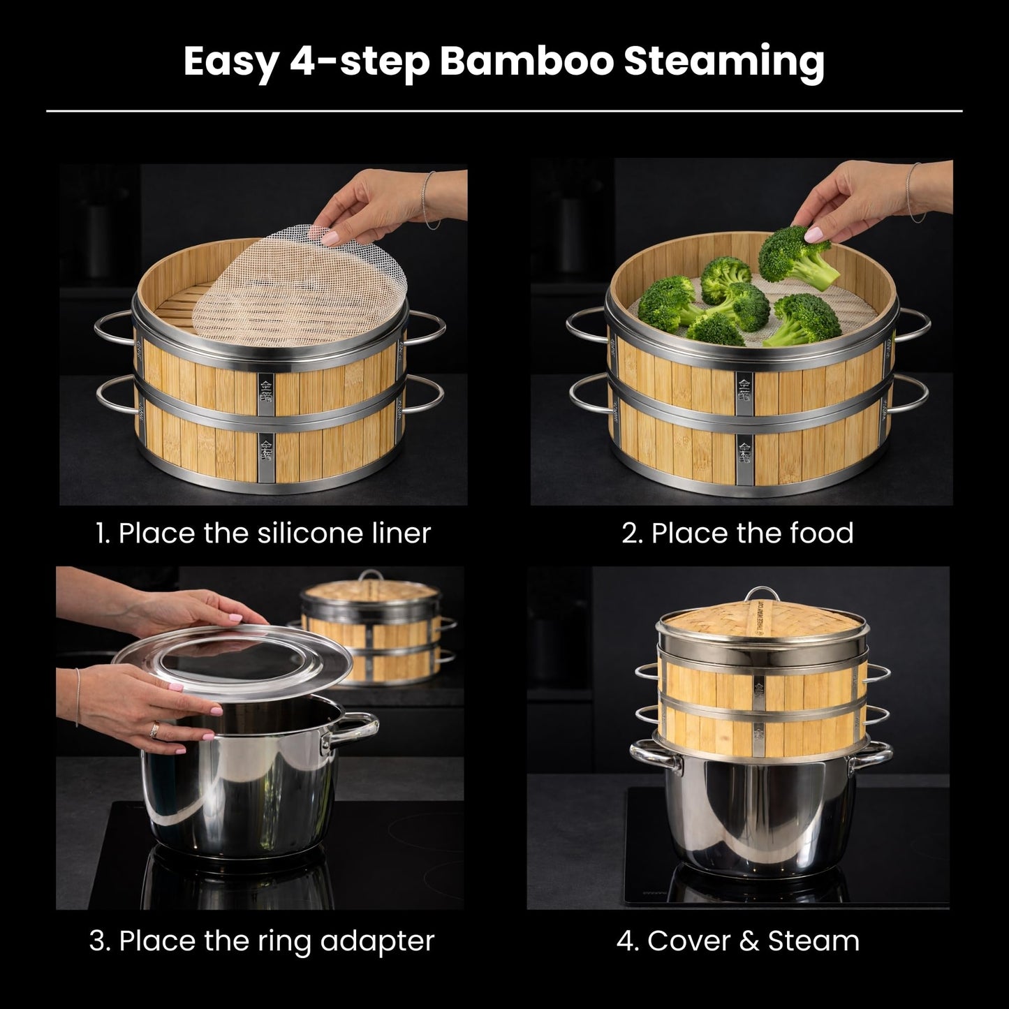Bamboo Steamer 10" - Heavy-Duty Dumpling Steamer Basket, 2 Tier Bamboo Steamers for Cooking & Steaming Dim Sum, Bao Bun, Gyoza, Shumai & Vegetables - 10 Inch Steam Baskets with Handles & Accessories Set