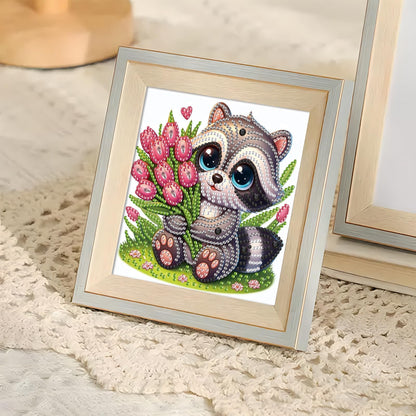 Diamond Painting Kit, 5D DIY Raccoon and tulips, Special Shape Crystal Artificial Diamond Art Partial Mosaic Handicraft for Beginners, Wall Decor Gift For Bedroom, Office, Living Room 6.7x6.7in