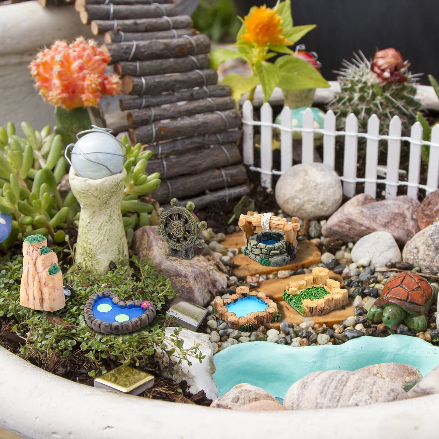 Meooeck 24 Pcs Miniature Garden Accessories Mini Fairy Bridge Figurines Pond Garden Decor Micro Landscape Lighthouse Water Well Ornament for Yard DIY Craft Dollhouse
