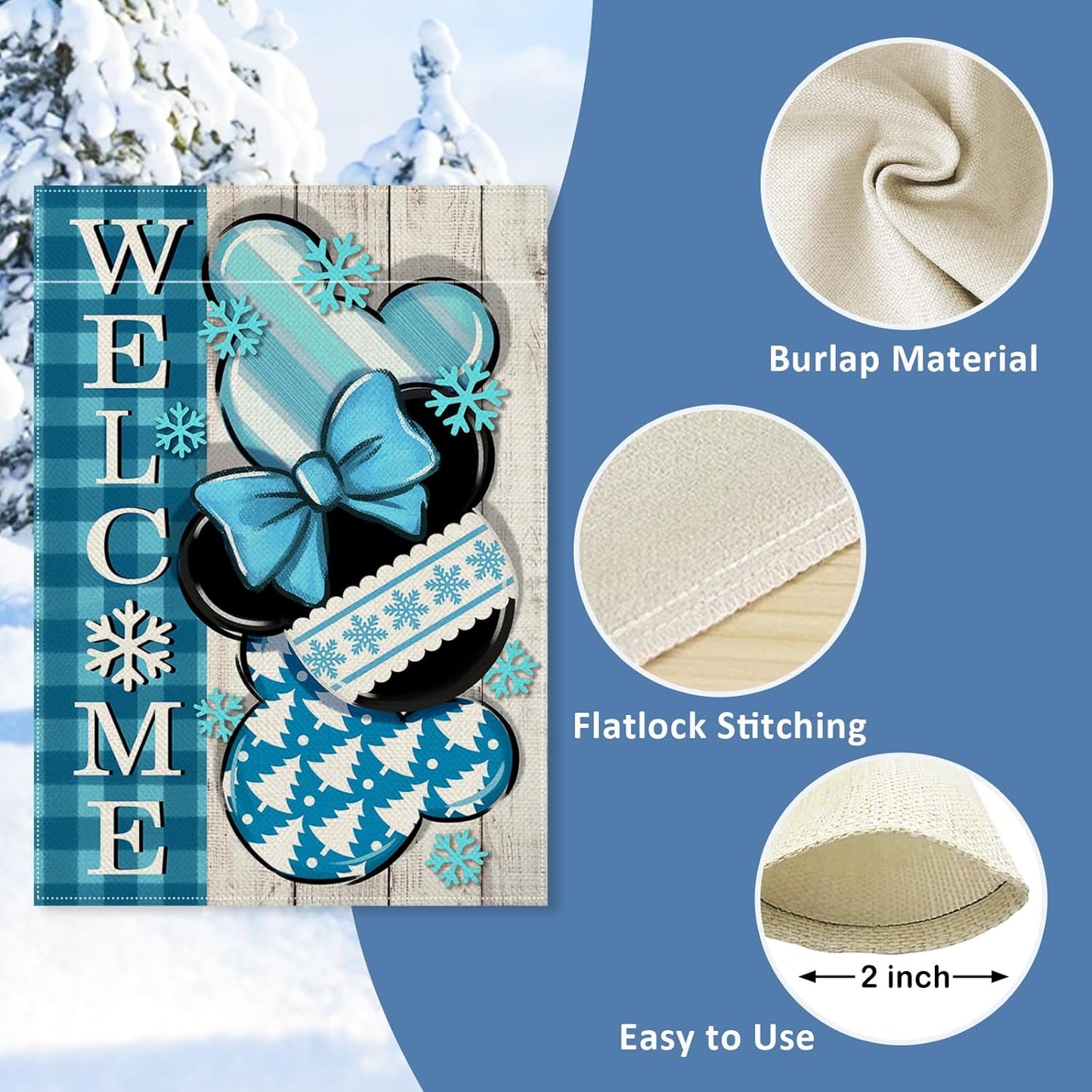 Welcome Winter Decorative Garden Flag, Blue Plaid Check Snowflake Farmhouse Yard Decorations, Seasonal Outdoor Decor