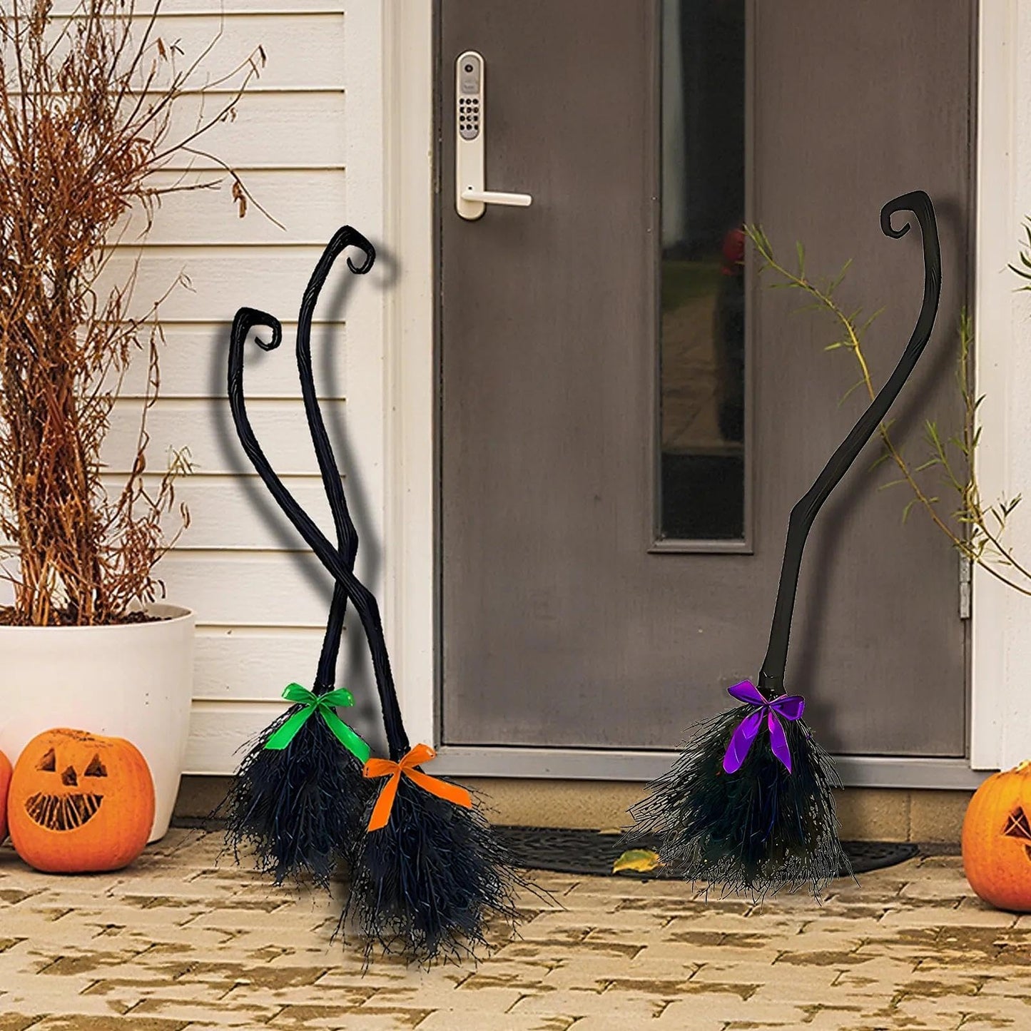 Lachouhaox Halloween Witch Broom with 3 Ribbons, Large Plastic Black Home Decoration Accessory Cosplay Photo Prop for Party