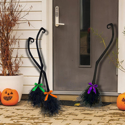 Lachouhaox Halloween Witch Broom with 3 Ribbons, Large Plastic Black Home Decoration Accessory Cosplay Photo Prop for Party
