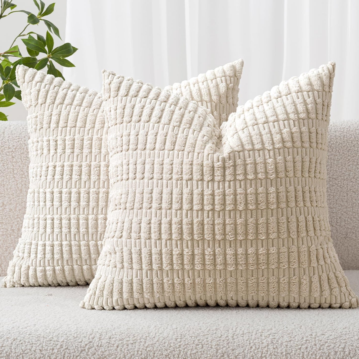 MIULEE Euro Sham Pillow Covers - Soft Boho Striped Corduroy | Set of 2, 22x22 Inch, Cream White