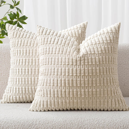 MIULEE Corduroy Decorative Throw Pillow Covers - Soft Boho Striped Design, 12x12 Inch, Cream White | Modern Farmhouse Home Decor