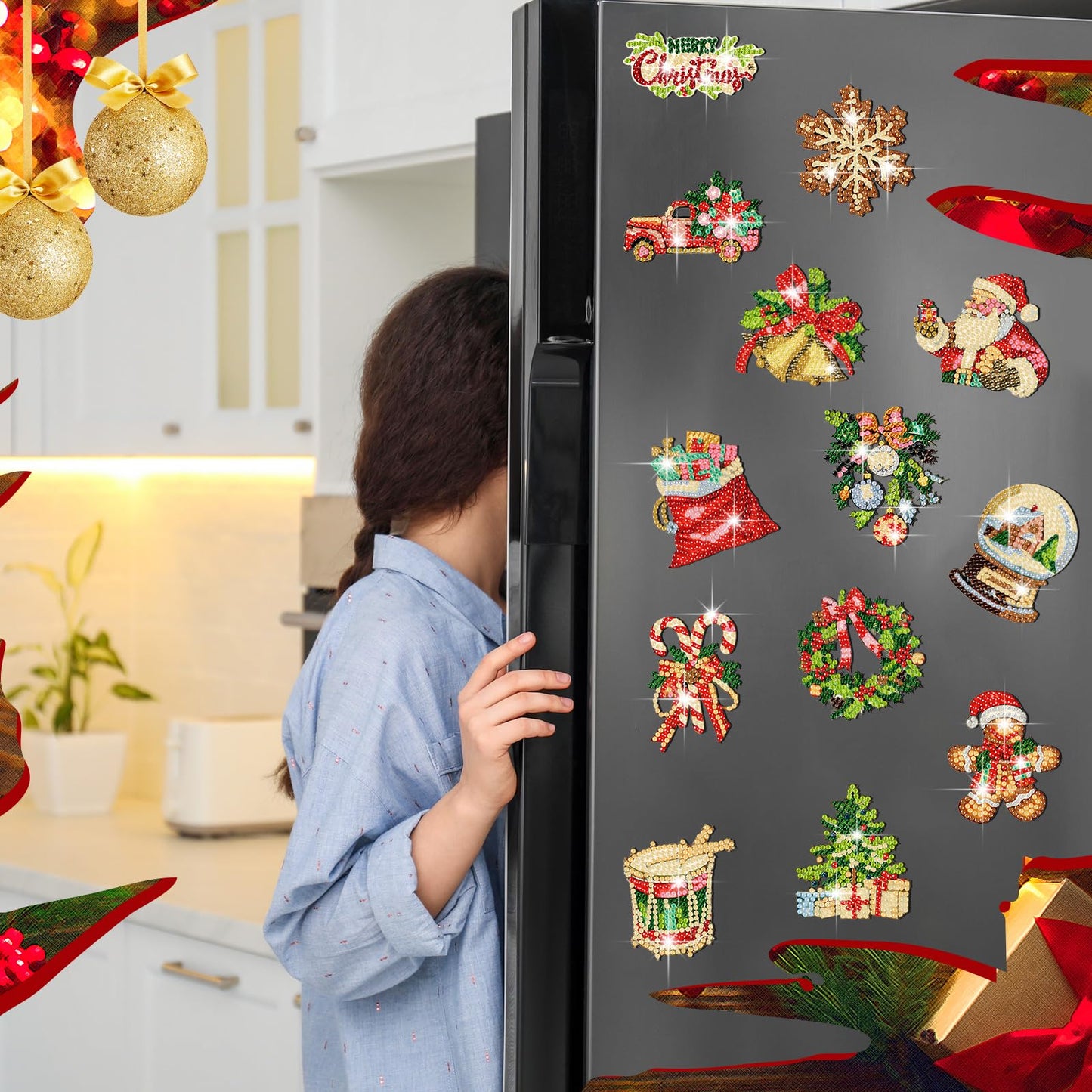 Copkim 30 Pcs Christmas Diamond Art Magnets Kits DIY Santa Claus Diamond Fridge Magnetic Stickers Xmas Gem Art Magnets for Beginners Holiday Decor Home