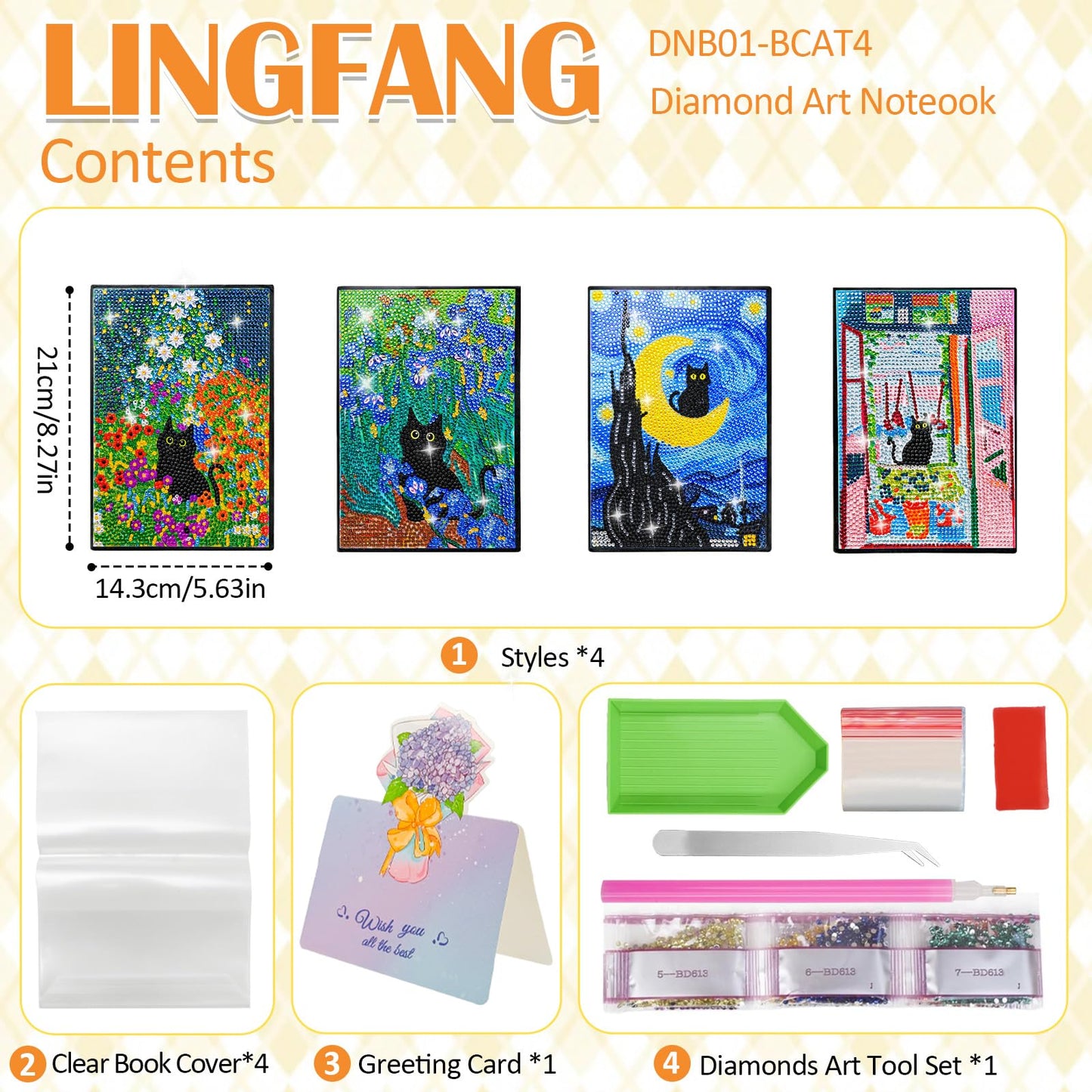LINGFANG 4 Pack Diamond Art Kits for Adults Teens, Leather Cover Diamond Painting Journals Notebooks, DIY 5D Gem Dots Art Crafts for Teenagers' Birthday, Graduation, Christmas Gifts with Tools (Cat)