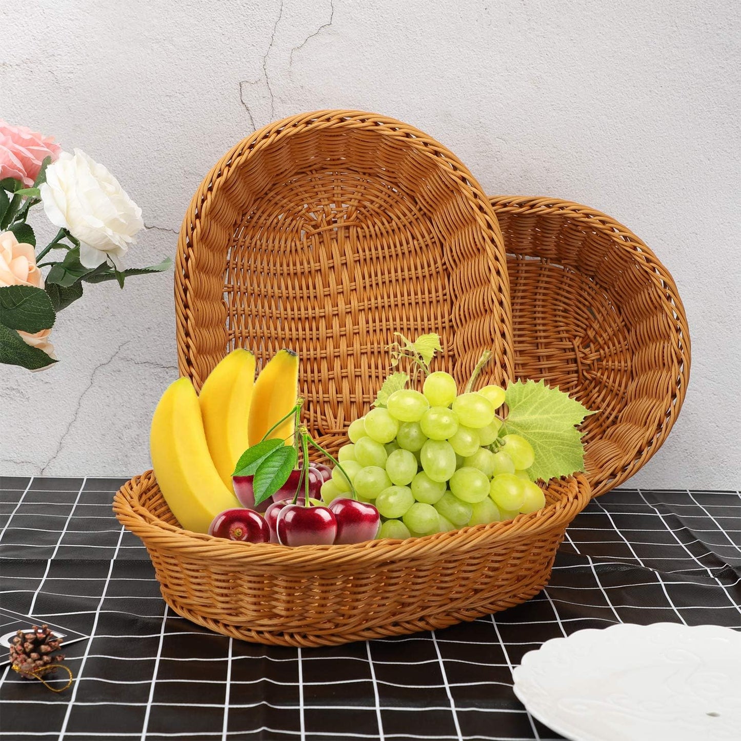 EUSOAR Wicker Basket, 12.2"x 7.9"x 2.8", 3pcs Tabletop Food Serving Baskets for Restaurant Bakery Family