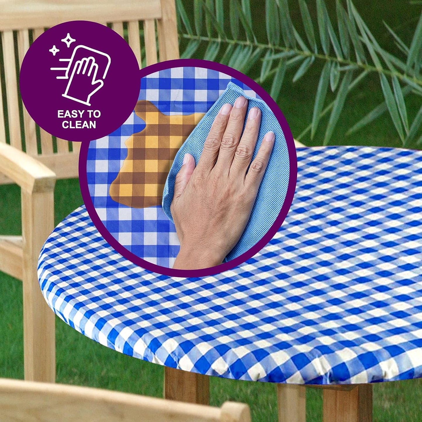 Sorfey Round Tablecloth, Fitted with Elastic, Vinyl with Flannel Back, Fits 60 Inches Round Table, Checked Blue Design