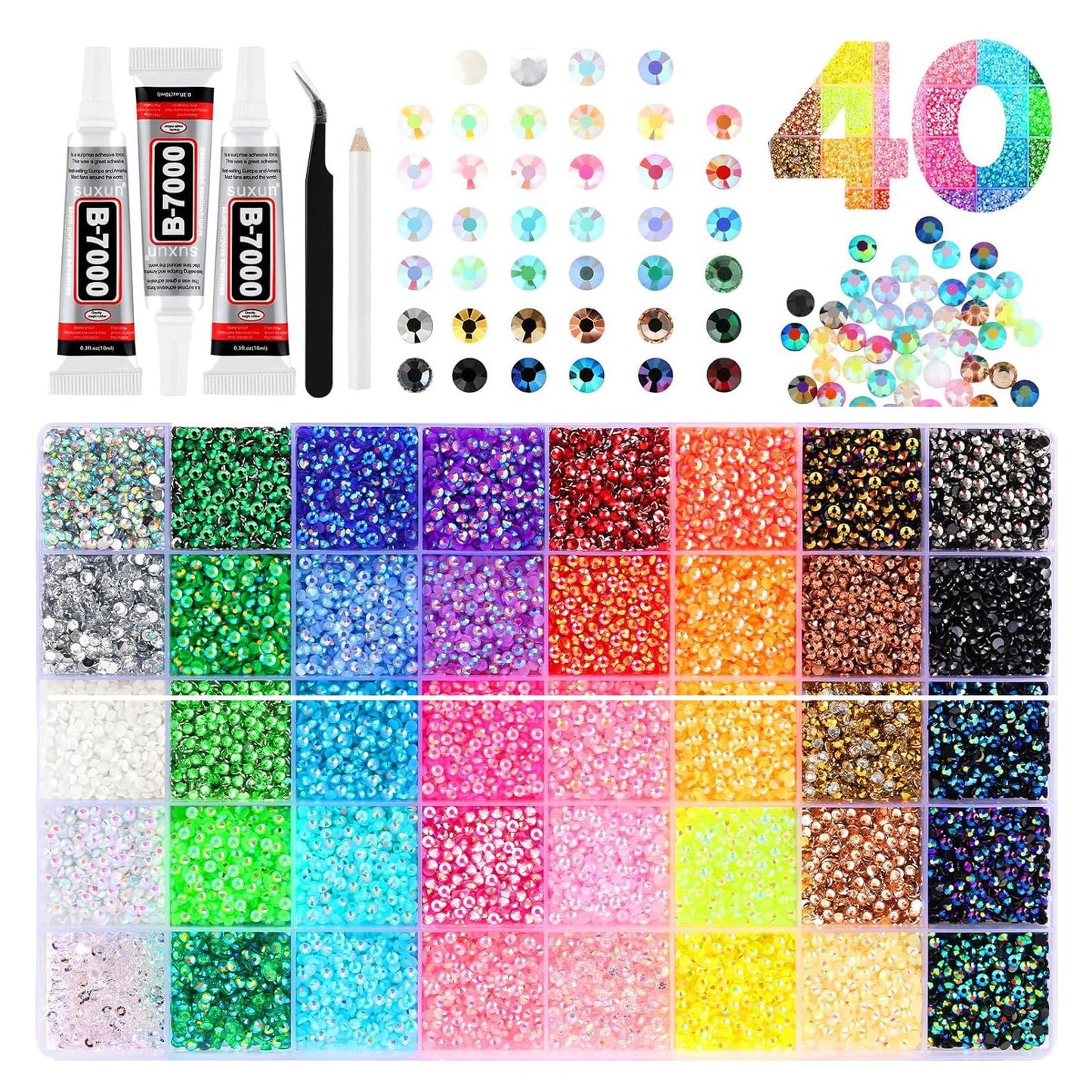 40 Colors Resin Jelly Rhinestones for Bedazzling, 3mm 32000 Pcs Flatback Gems for Crafting,Rhinestone Kit with B7000 Glue for Nail Rhinestones, Shoes, Crafts, Diamond Art & DIY Bedazzler Projects