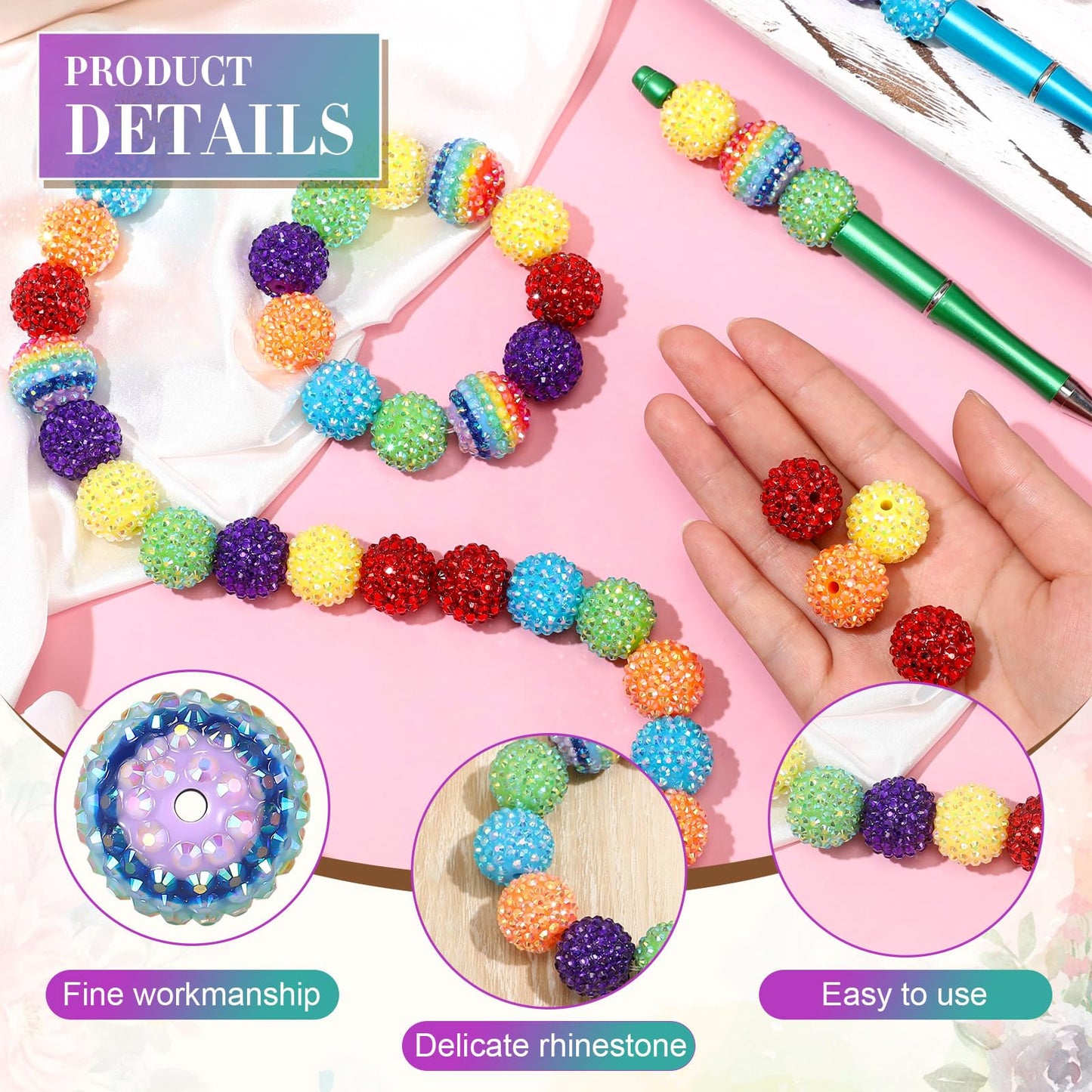 Loetere 40 Pcs 20 mm Rhinestone Beads Bulk Crystal Round Disco Ball Chunky Bubblegum Beads for Pens Bracelets Charms Craft European Style Jewelry Making Supplies Christmas(Rainbow)