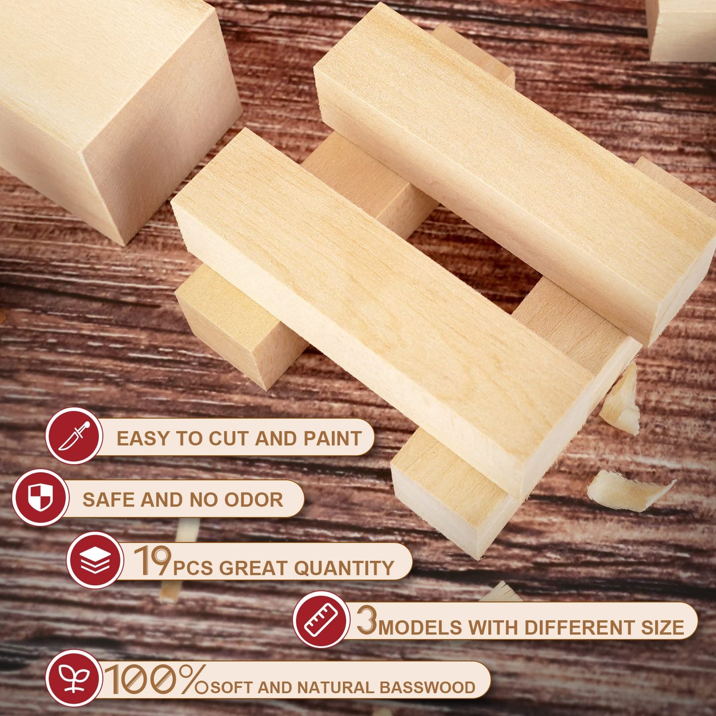 Basswood Carving Blocks, 19PCS Whittling Wood Blocks Kit with 3 Different Sizes, Bass Wood for Carving Easy to Use, for Kids and Adults