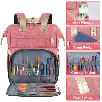 LTINVECK Knitting Bag Backpack,Yarn Storage Organizer Travel Crochet Bag,Large Capacity Tote Bag Yarn Holder Case for Carrying Projects, Knitting Needles, Crochet Hooks Pink