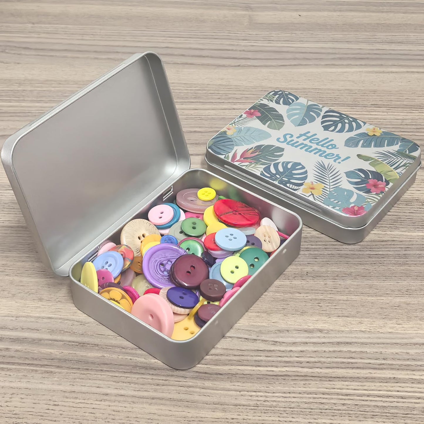 Goodma 12 Pack Empty Rectangular Silver Metal Tins Storage Organizer Gift Boxes with Hello Summer Themed Image Pattern on the Lid, 4.5 x 3.3 x 0.9 inch