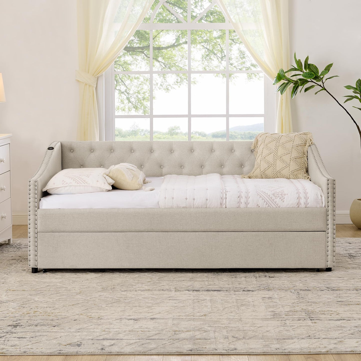 Ball & Cast Twin Size Upholstered Daybed with Pop Up Trundle & USB Port,Twin to King Daybed Frame with Button Tufted Backrest & Nailhead Trim Design, Extendable Trundle Bed,No Box Spring Neeed,Beige