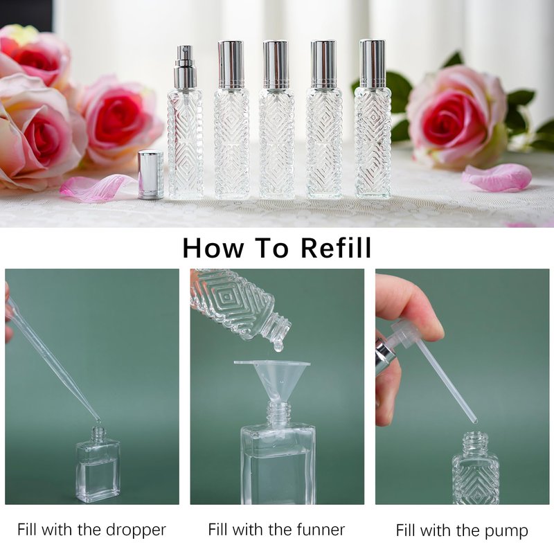YU FENG 12pcs Perfume Bottles Empty Clear Glass Atomizer Spray Bottles Empty Refillable for Perfume Essential Oil,Packed with Funnels Pipettes Dispensers Engraved Taj Mahal Style（13ml）