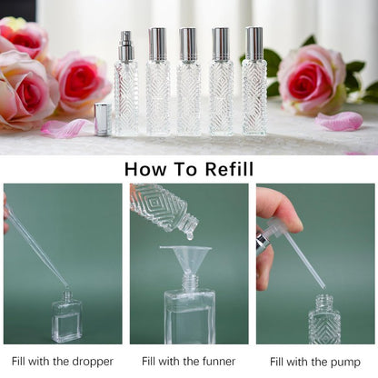 YU FENG 12pcs Perfume Bottles Empty Clear Glass Atomizer Spray Bottles Empty Refillable for Perfume Essential Oil,Packed with Funnels Pipettes Dispensers Engraved Taj Mahal Style（13ml）