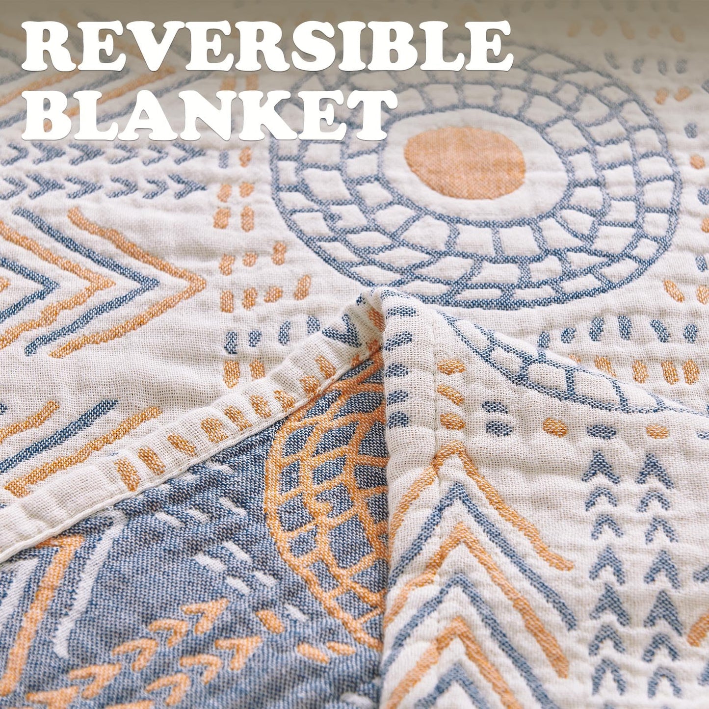 jinchan Boho 100% Cotton Muslin 50x60 Throw Blanket Lightweight 4-Layer Orange Multi Reversible Blanket Washable Breathable Decorative Geometric Striped Pattern Soft Comfy for Couch Bed All Seasons