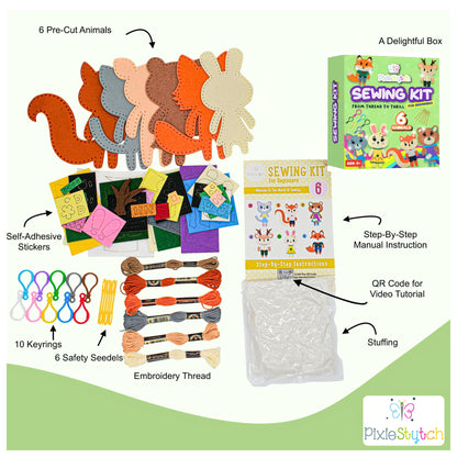 Pixiestytch Sewing Kit for Kids - Sew & Create 6 Adorable Stuffed Animal Projects - Fun DIY Craft Set for Ages 6 and up - Educational & Creative Sewing Kit for Girls & Boys - Gift for Young Crafters