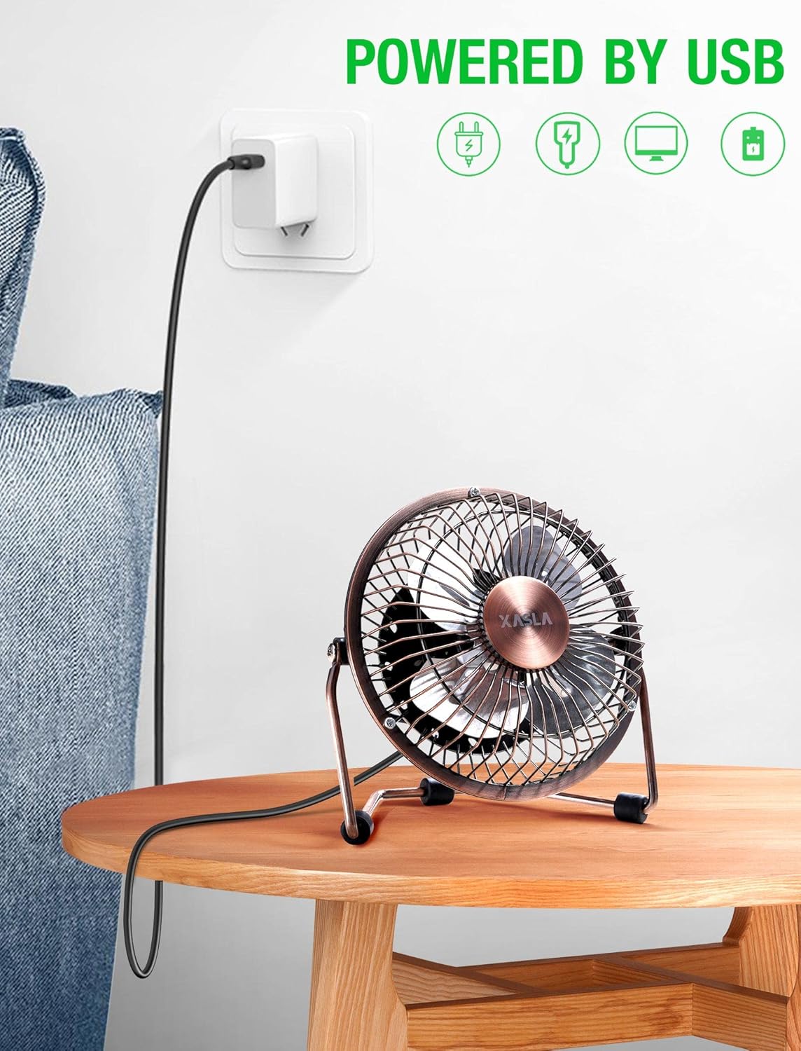 xasla 4 Inch Small USB Desk Fan, Mini Quiet Fan with Metal Construction, Strong Airflow, 360° Adjustable Tilt Angle