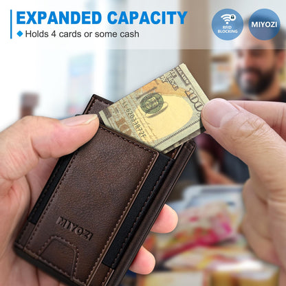 miyozi Wallet for Men, Slim Pop Up Card Holder - RFID Blocking Minimalist Bifold Wallet with ID Window, Holds 9-11 Cards & Stretchable Strap, Metal Flip Case with Magnetic Closure, Gift Box