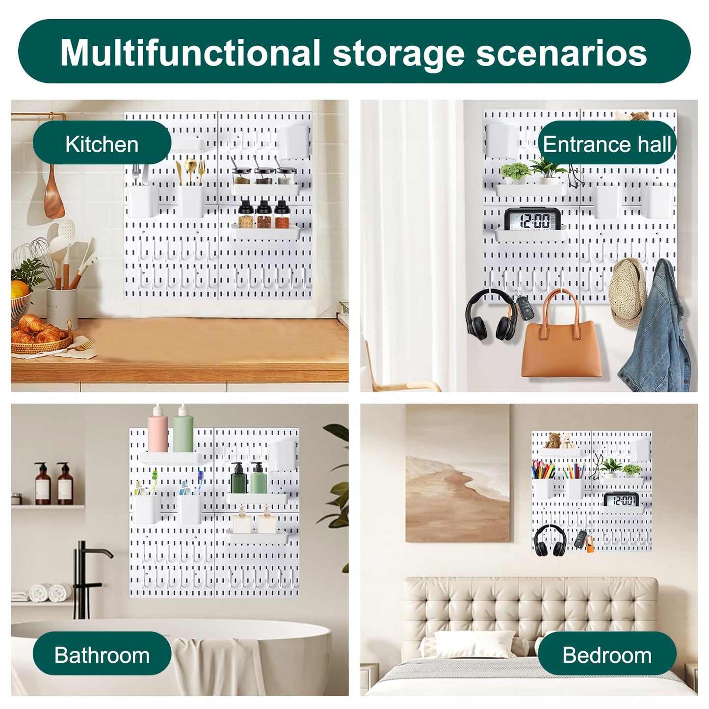 Wall Mount Peg Board Organizer 45pcs Kit, 4 Panels and 41 Accessories Pegboard Wall Organizer with Hooks, Bins, Shelves, DIY Tool Storage Pegboards Kits for Home Office Space Saving (White, 22"×22")