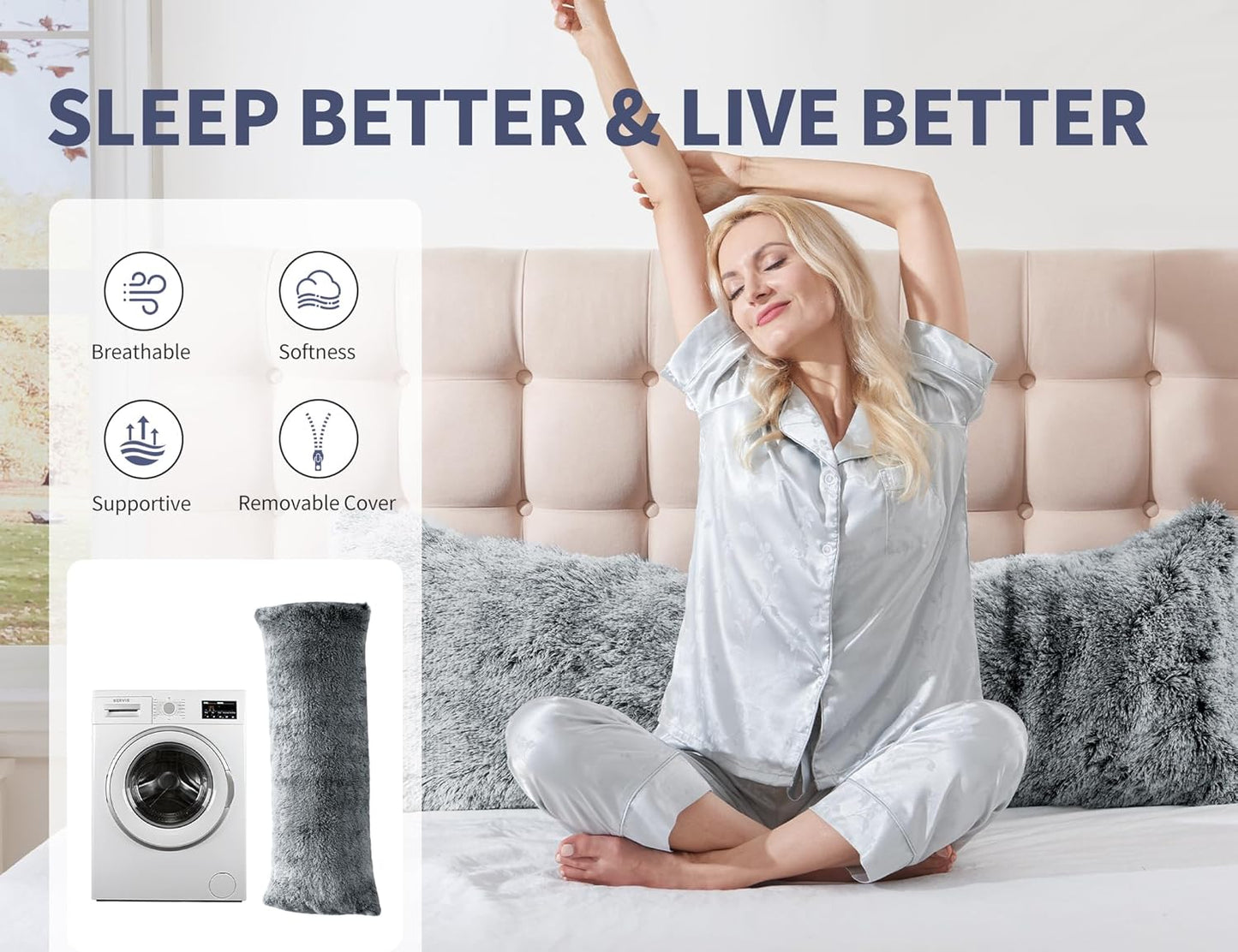 20x54 Fluffy Full Body Pillow for Adults Long Big Body Pillow Cover Pillowcase with Memory Foam for bed Grey Pregnancy