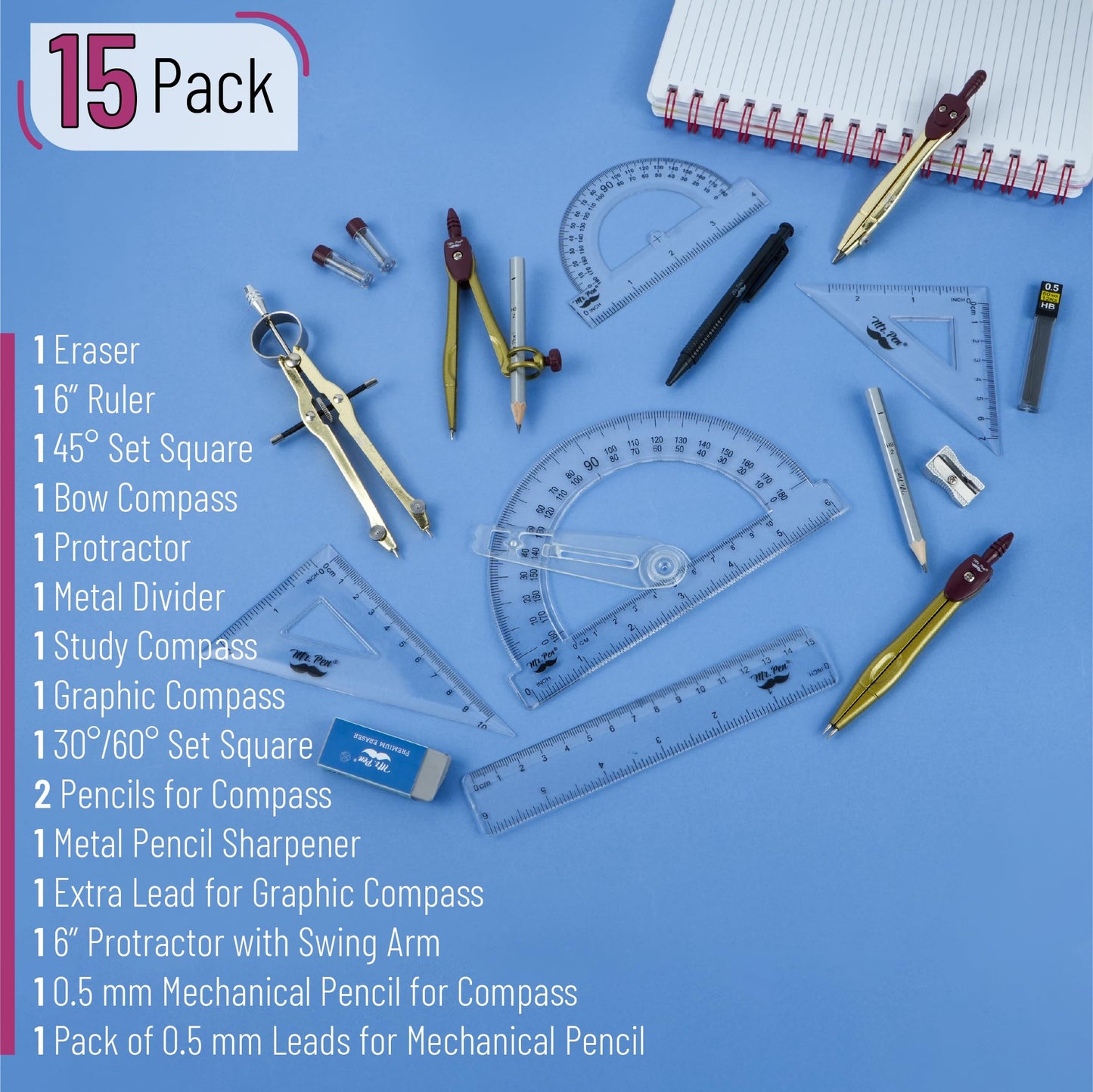 Mr. Pen- Geometry Set, 15 pcs, Gold, 6 Inch Swing Arm Protractor, Divider, Set Squares, Ruler, Compasses and Protractor