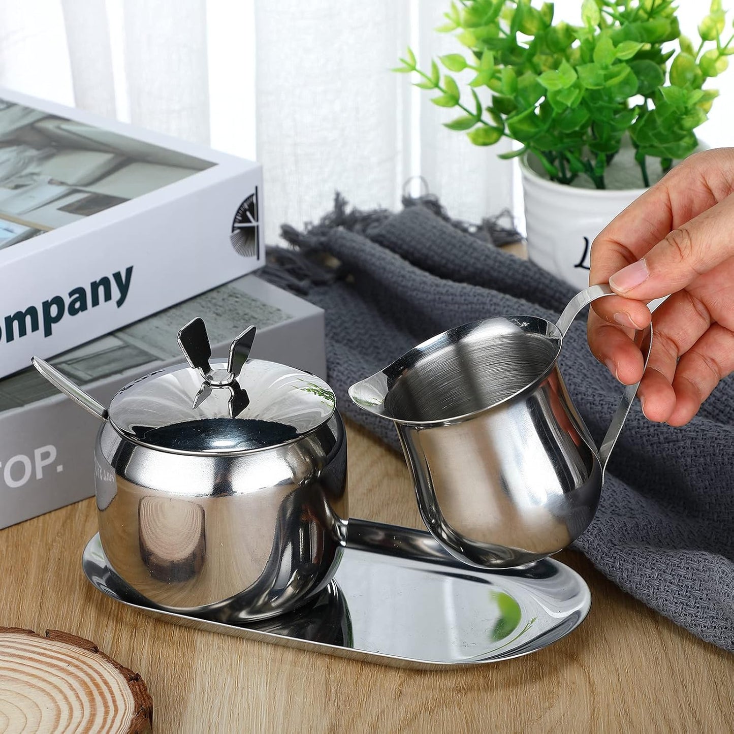 Stainless Steel Creamer and Sugar Bowl Set, Latte Milk Cup Cream Jug with Lid and Spoon Tray for Coffee Serving