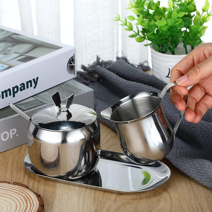 Stainless Steel Creamer and Sugar Bowl Set, Latte Milk Cup Cream Jug with Lid and Spoon Tray for Coffee Serving